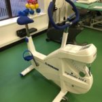 White Monark bike ready to be used at physiotherapy gym placed at the Royal Blackburn Hospital.