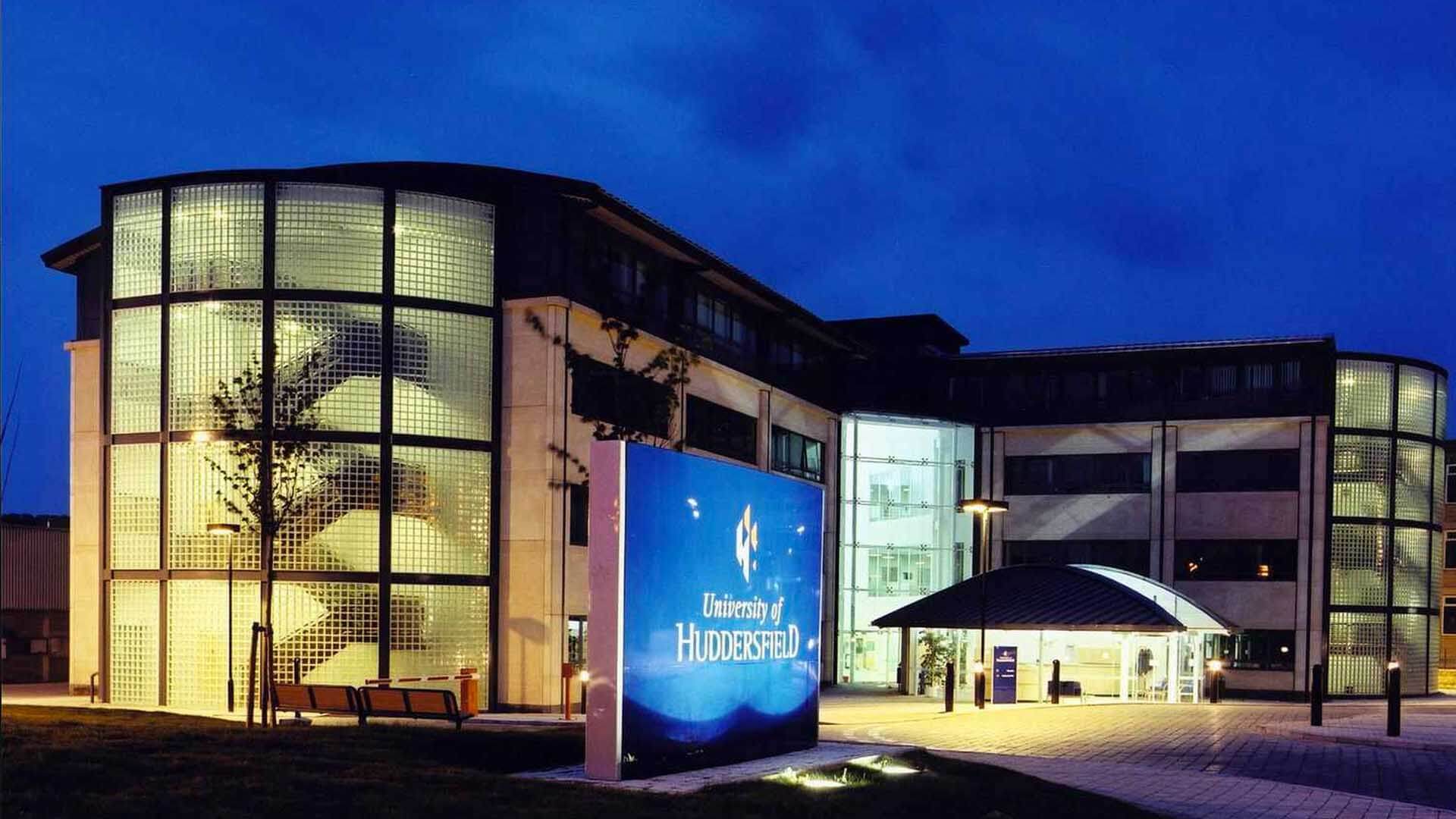 Photo presenting the front building of University of Huddersfield campus.