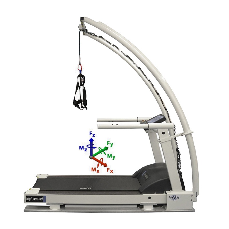 A h/p/cosmos gaitway 3D treadmill with a safety harness