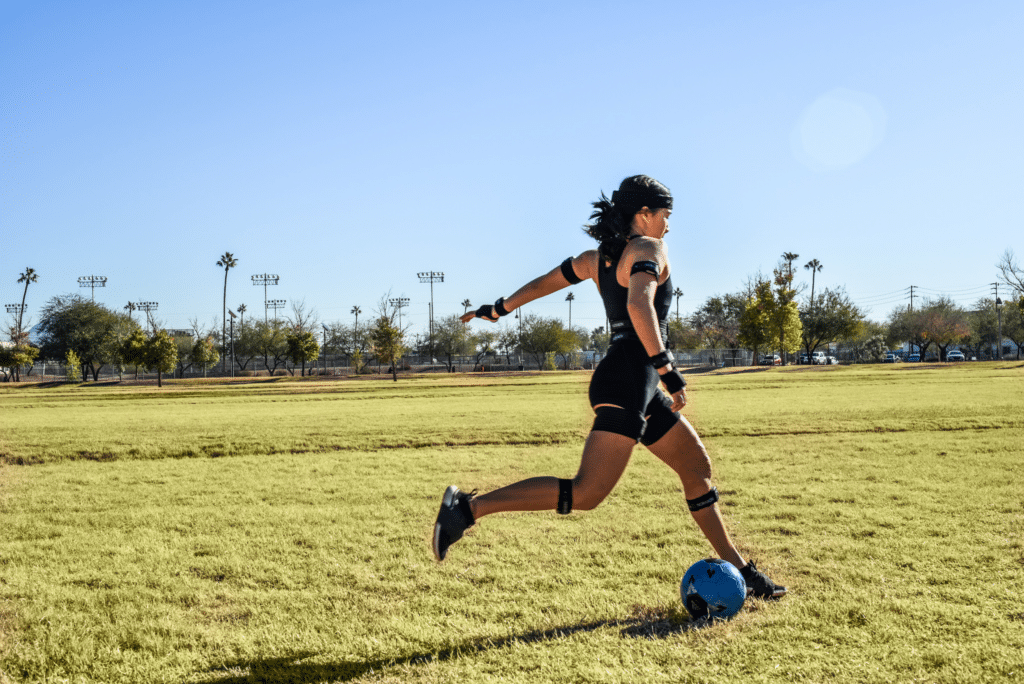 Athlete wearing Noraxon EMG sensors with straps